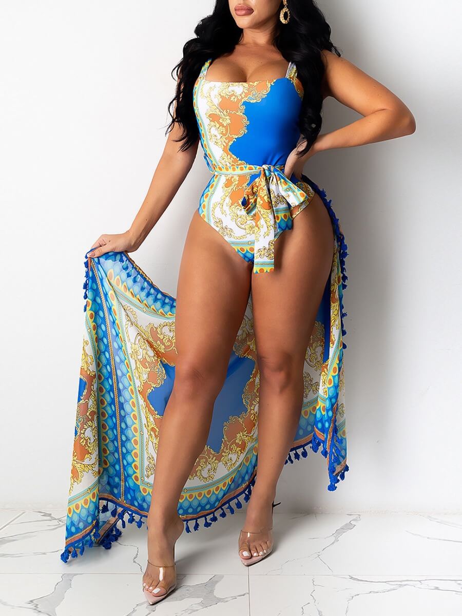 

Lovely Sweet Square Neck Print Patchwork Blue One-piece Swimsuit