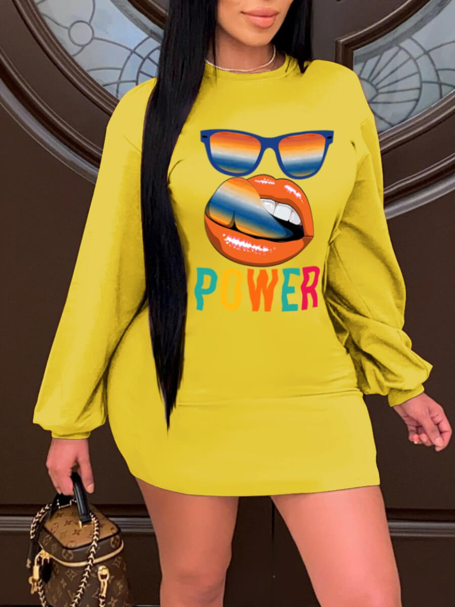 

Lovely Casual Lip Letter Print Patchwork Yellow Mini Dress