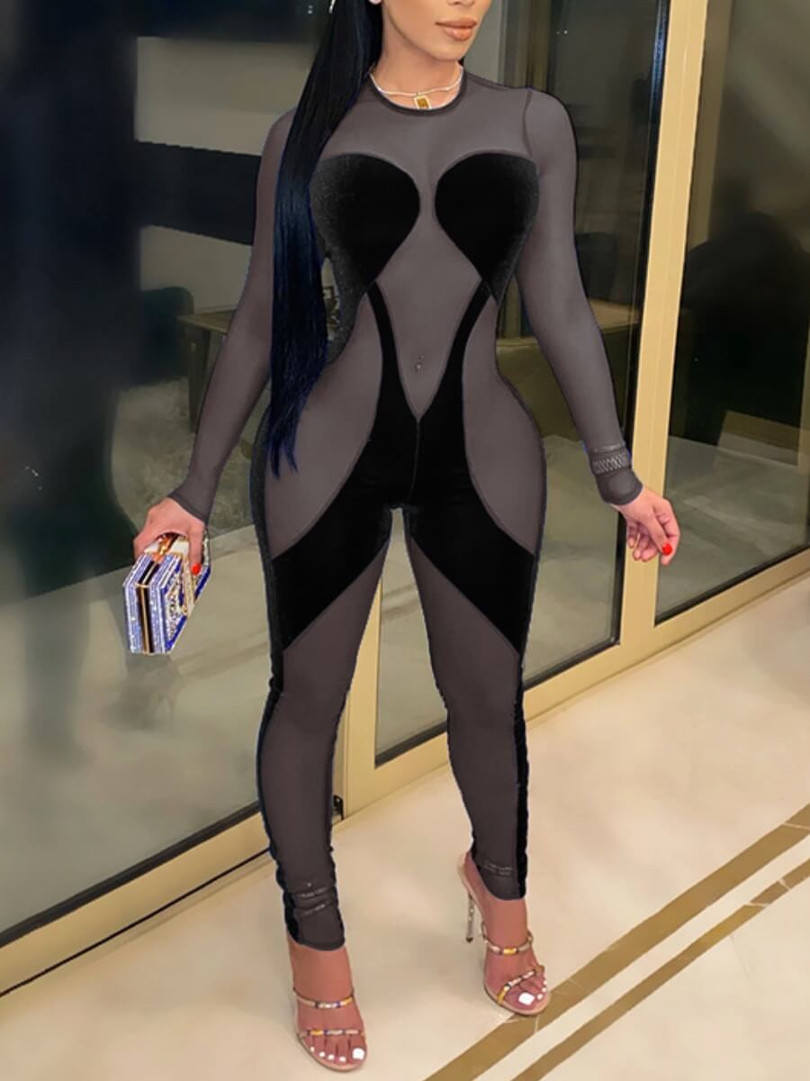 

Lovely Sexy See-through Patchwork Black One-piece Jumpsuit