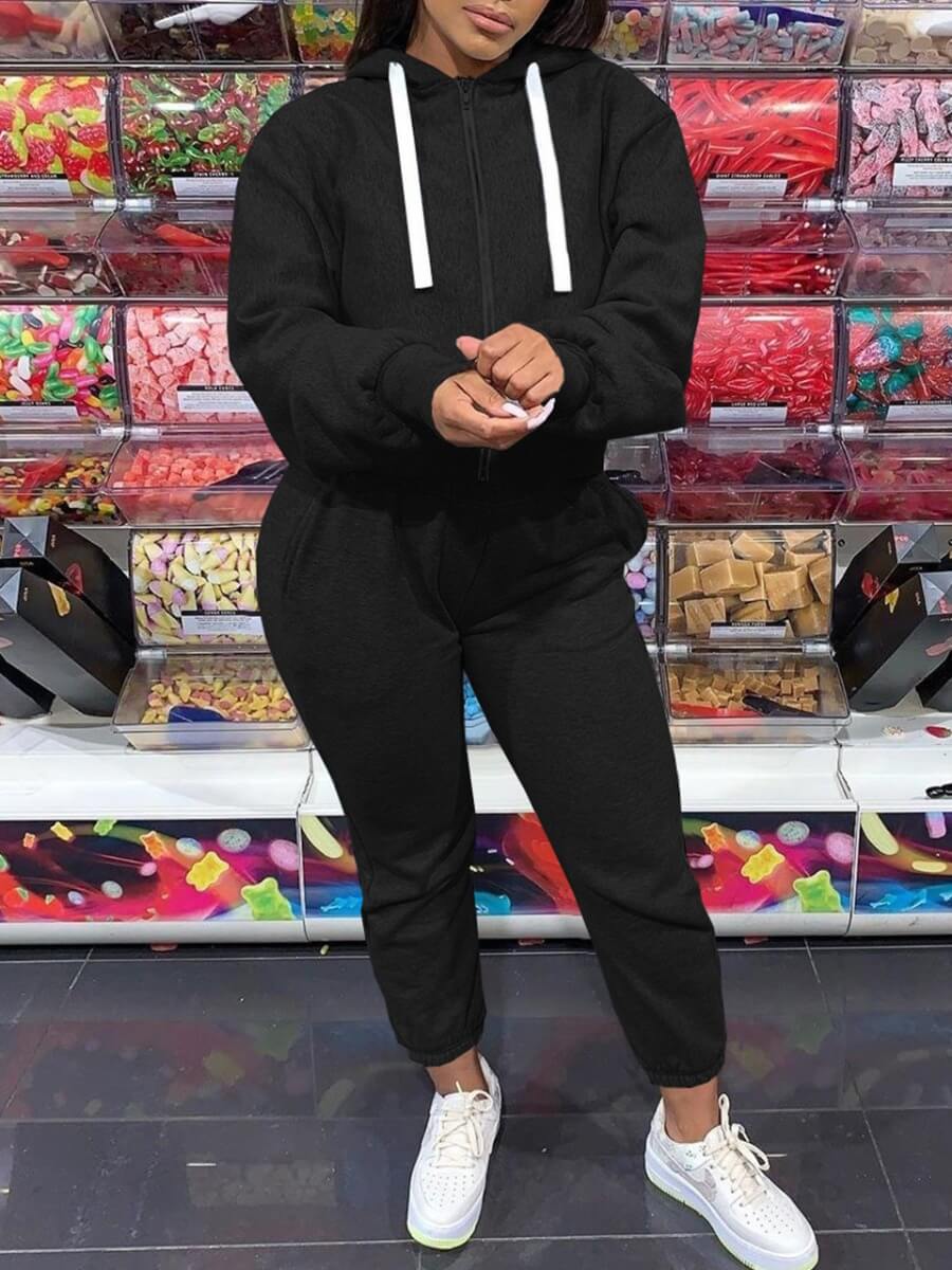 

Lovely Casual Hooded Collar Pocket Design Black Two Piece Pants Set