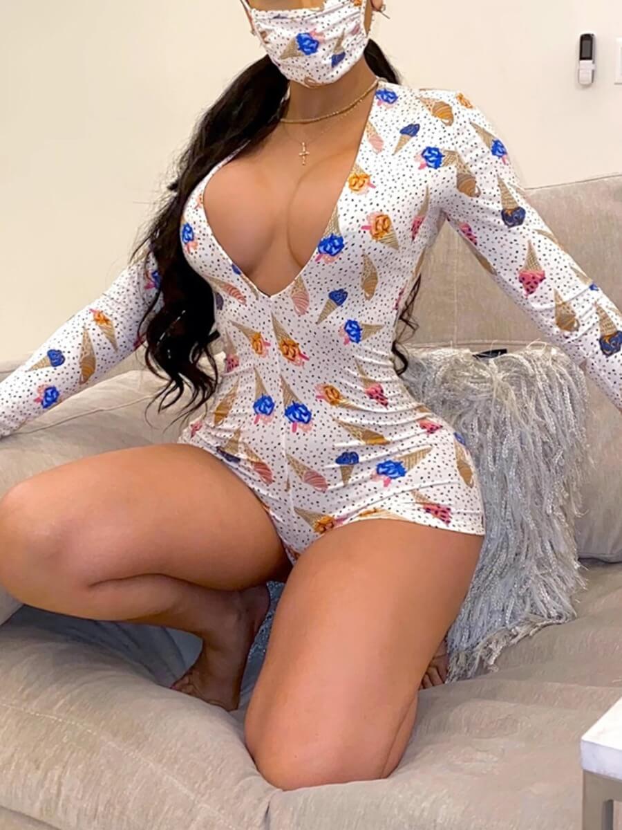

Lovely Chic Deep V Neck Dot Print Patchwork White One-piece Romper