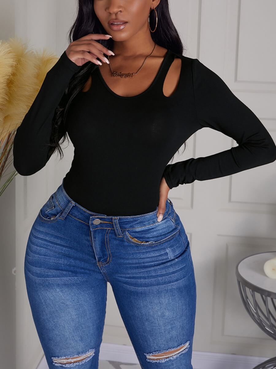 

Lovely Chic O Neck Hollow-out Black T-shirt