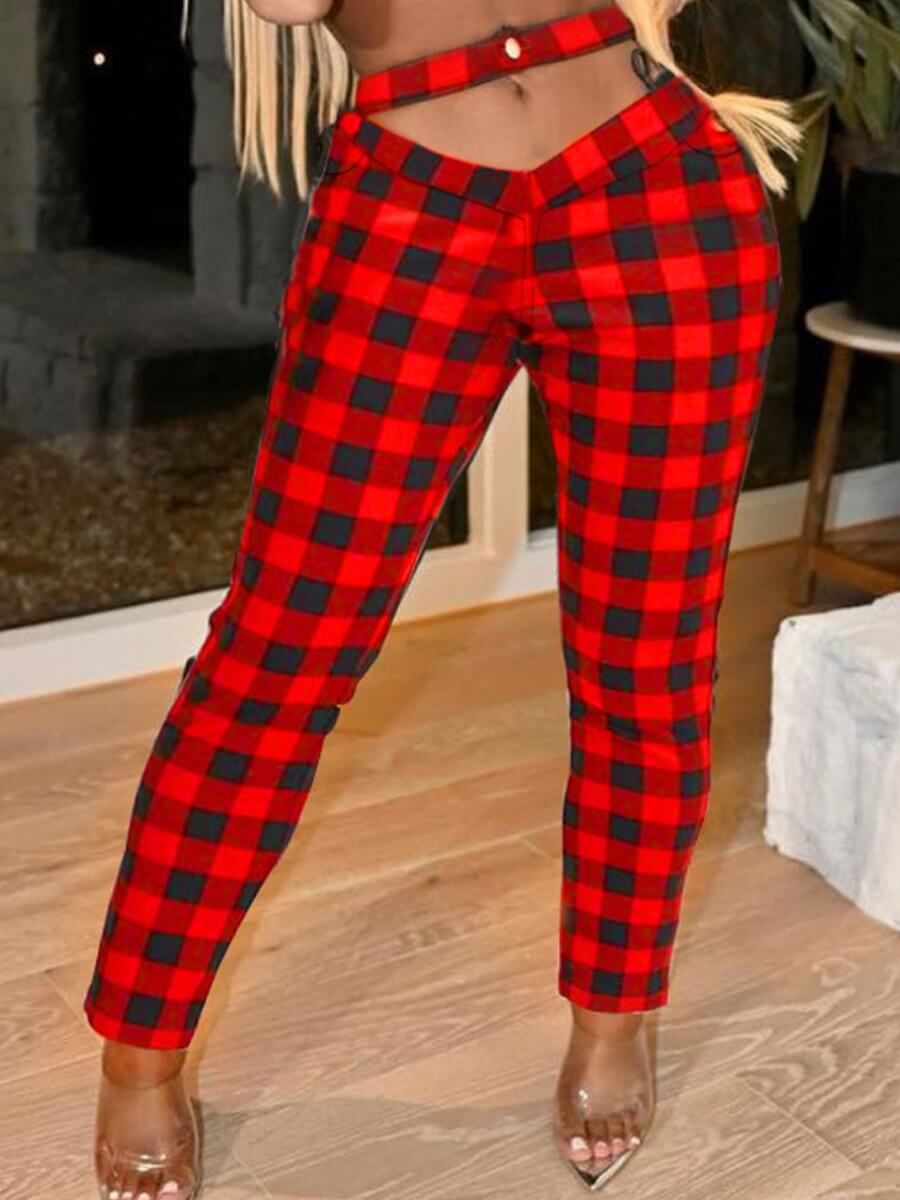 

Lovely Sweet Plaid Print Lace-up Red And Black Pants, Red and black check