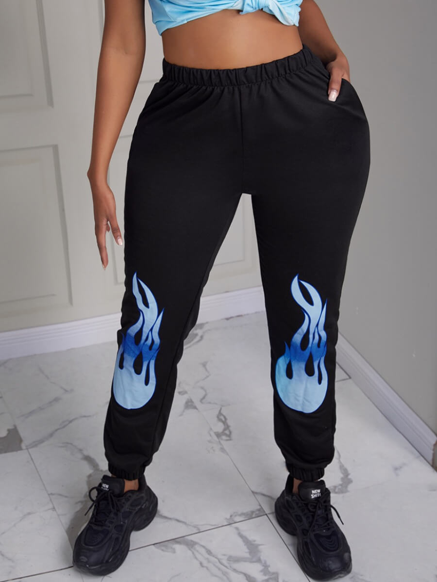 

Lovely Casual Mid Waist Fire Print Black Pants