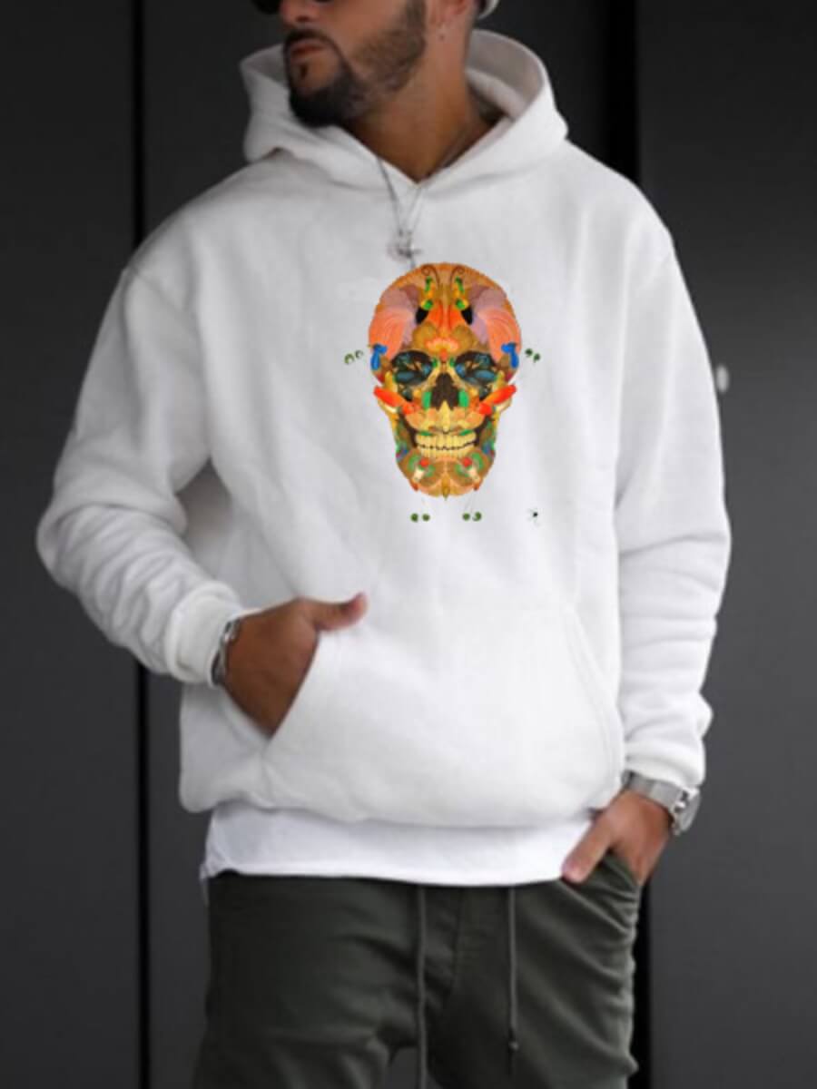 

Lovely Casual Skull Print Kangaroo Pocket White Men Hoodie