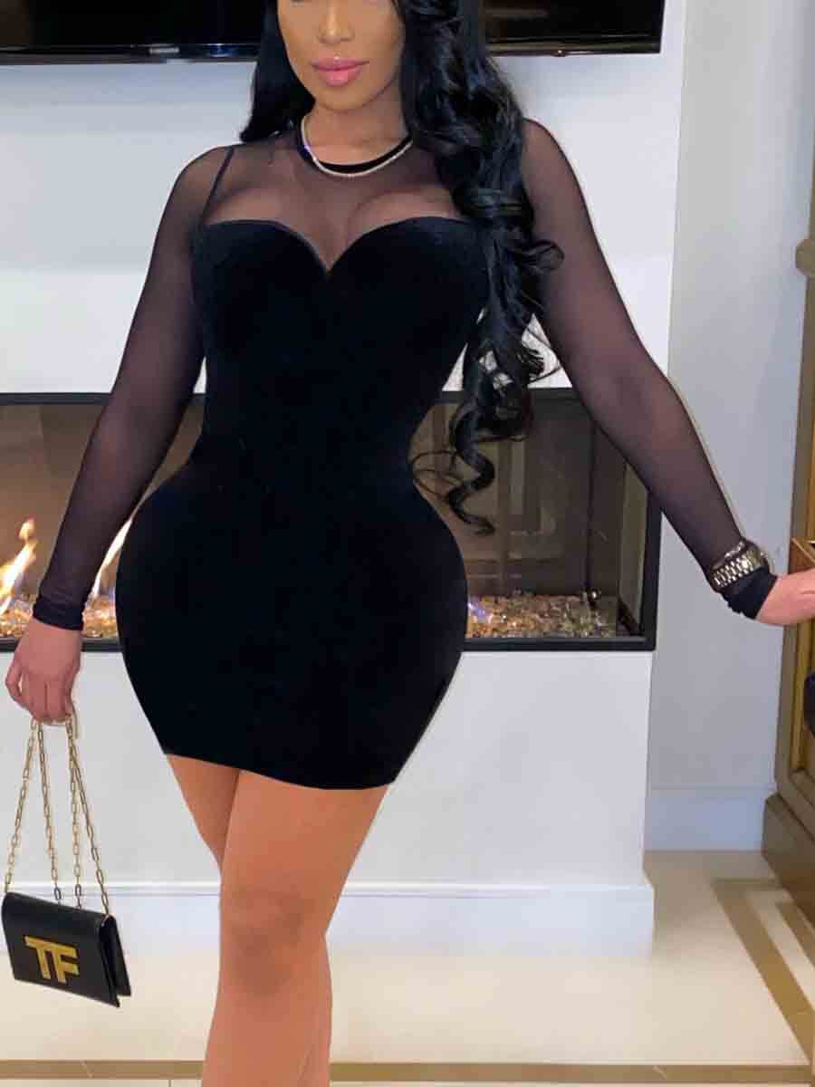 

Lovely Sexy See-through Patchwork Black Mini Dress
