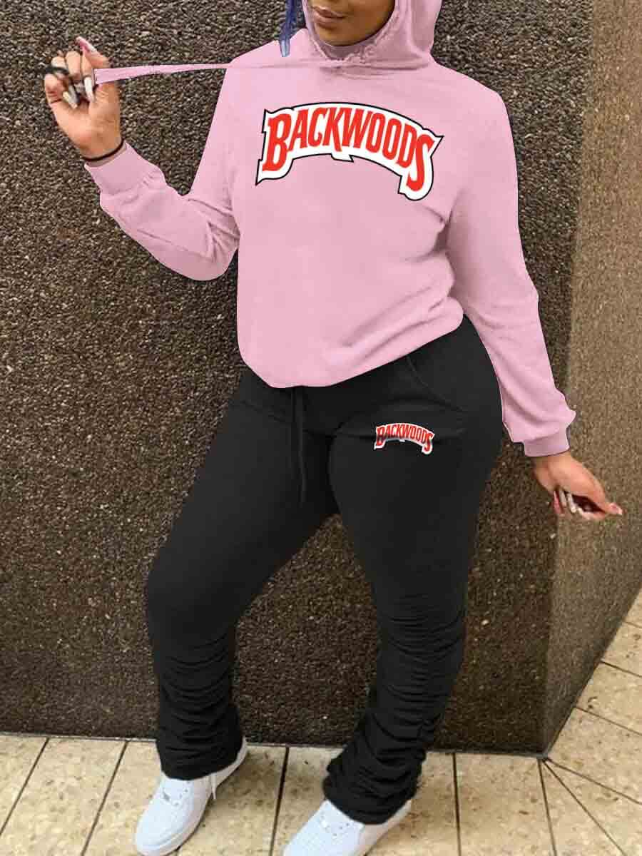 

Lovely Leisure Hooded Collar Letter Print Pink Two Piece Pants Set