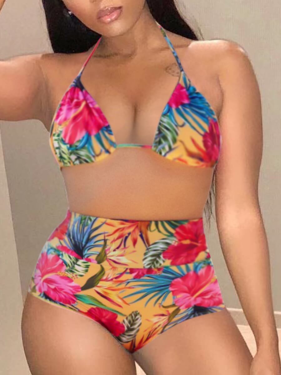 

Lovely Sweet Floral Print Patchwork Multicolor Two-piece Swimsuit, Multi