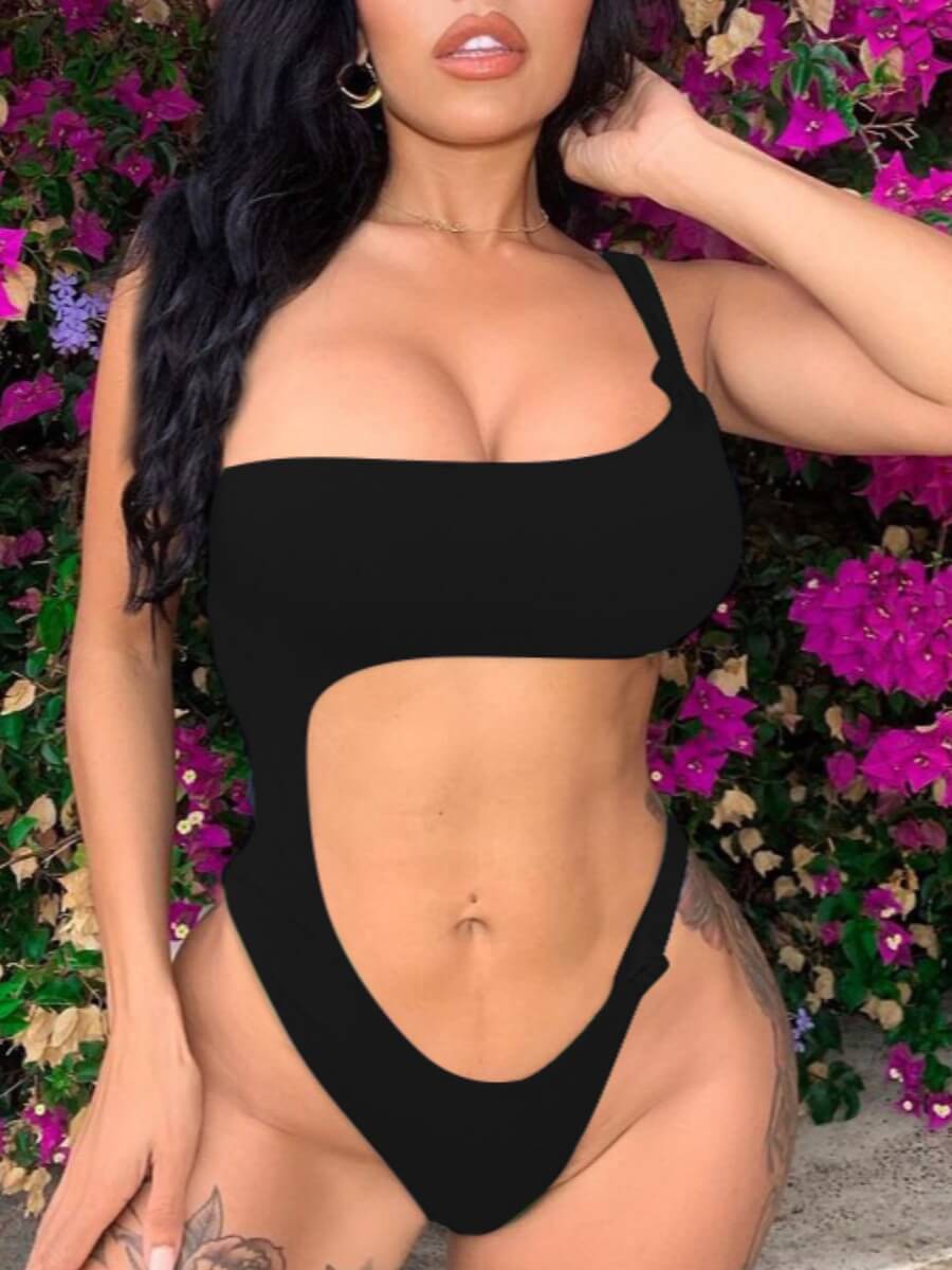 

Lovely Trendy One Shoulder Hollow-out Black One-piece Swimsuit