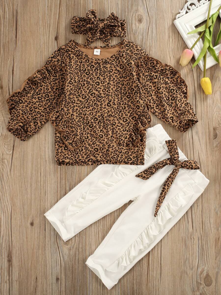 

Lovely Sweet Leopard Print Flounce Design Brown Girl Two Piece Pants Set