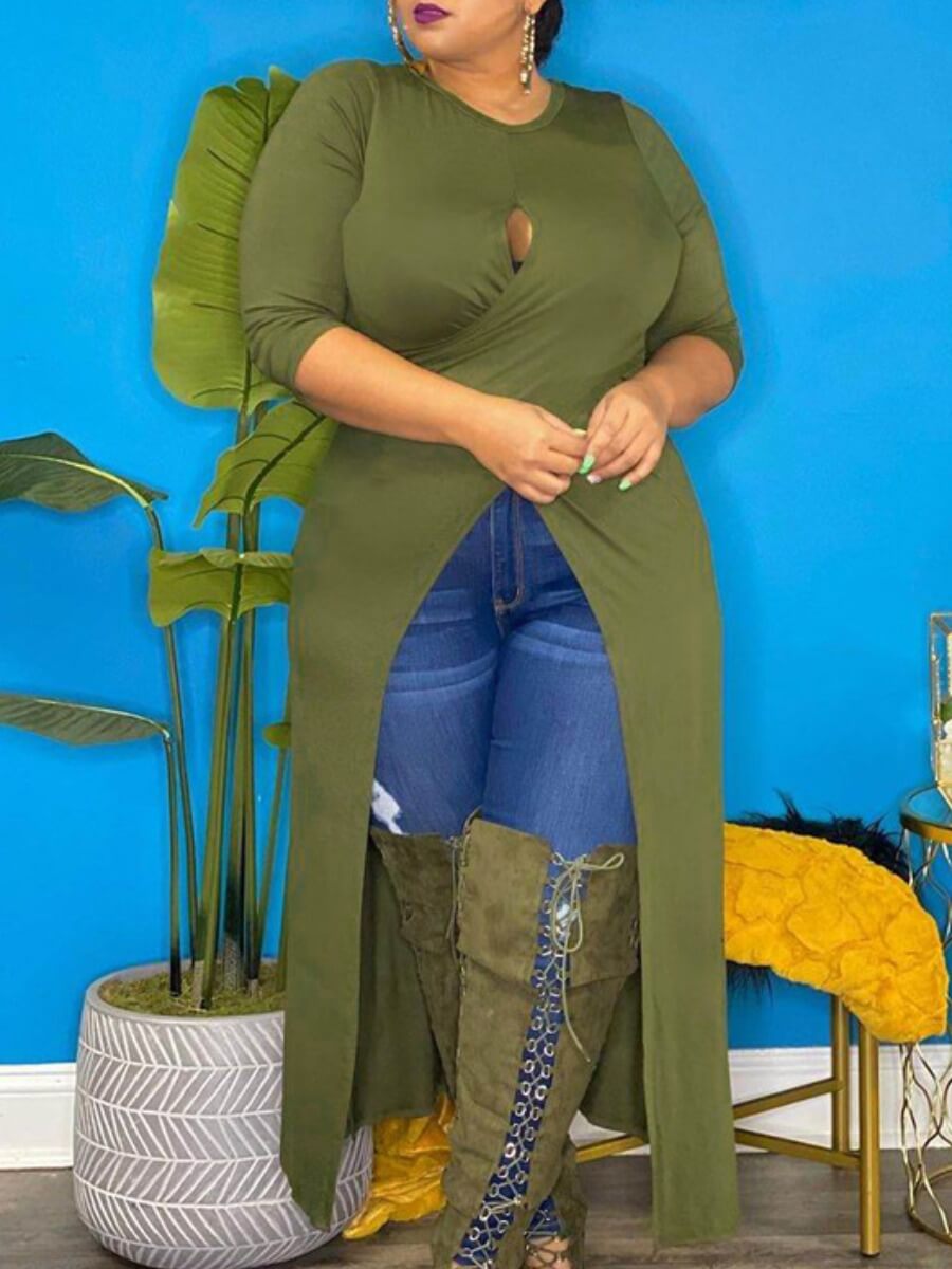 

Lovely Sweet Front High Split Cross-over Design Army Green Plus Size T-shirt