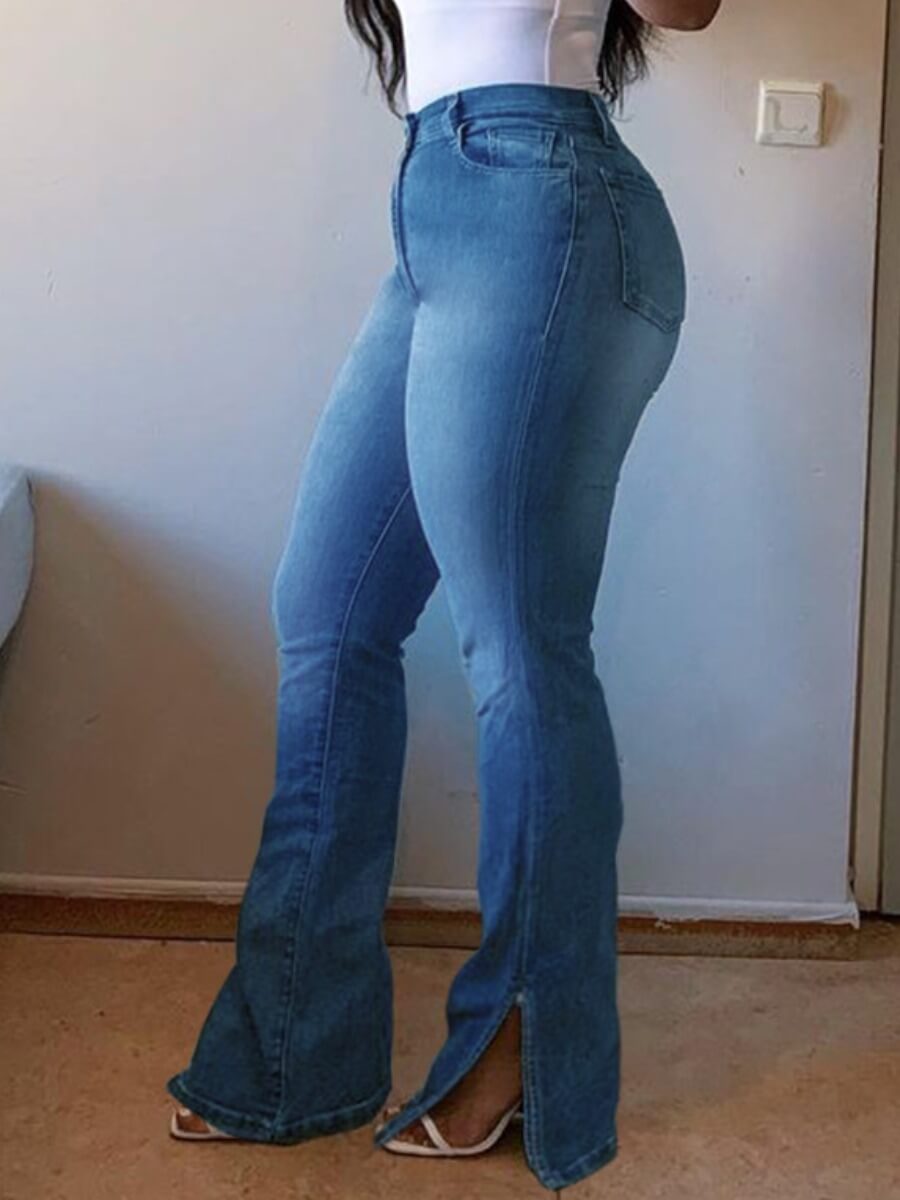 

Lovely Chic Flared Side Slit Blue Plus Size Jeans