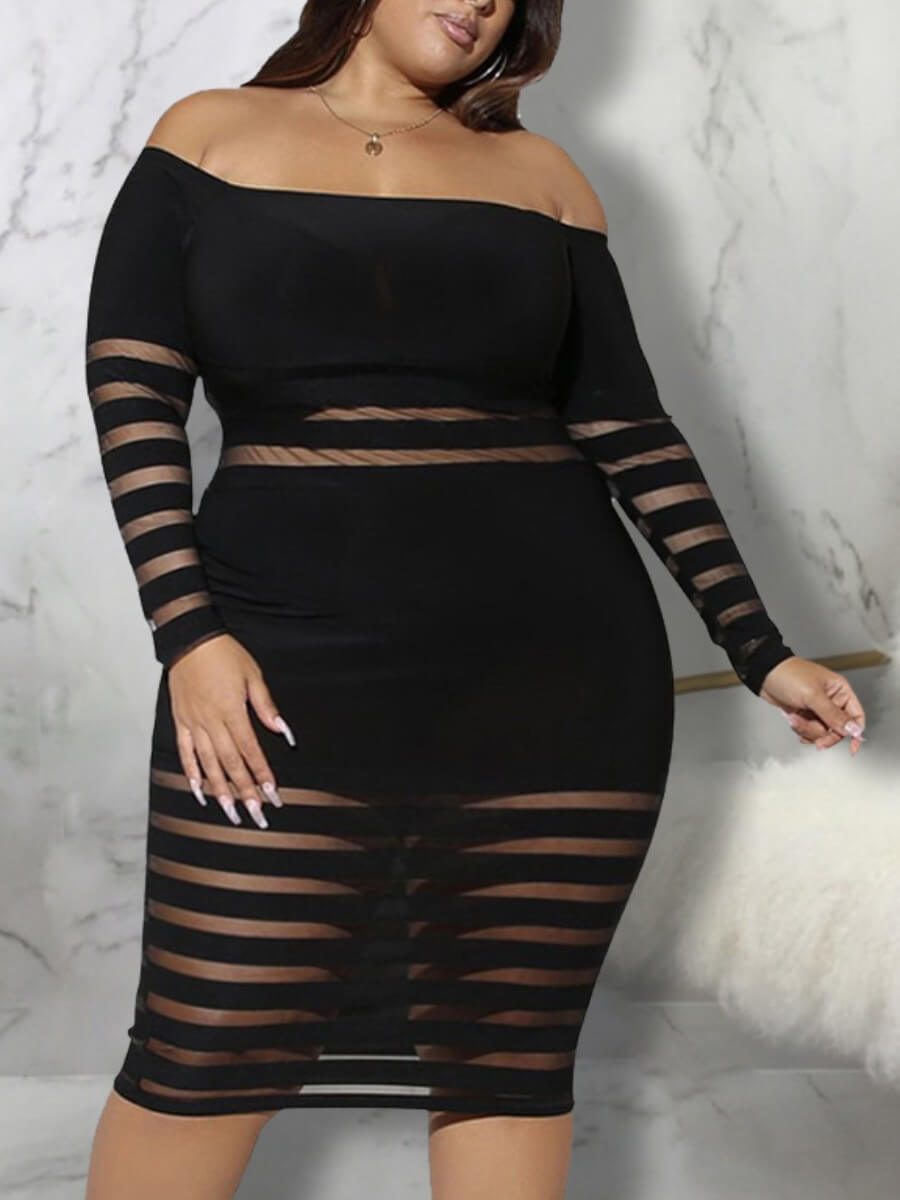 

LW SXY Plus Size Off The Shoulder See-through Bodycon Dress, Black
