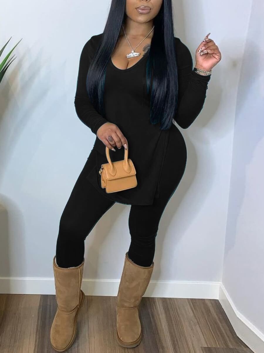 

Lovely Casual V Neck Side Split Black Two Piece Pants Set
