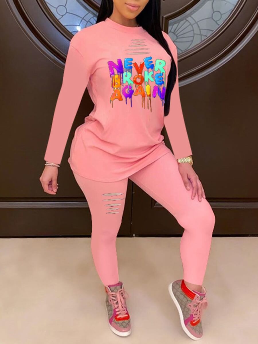 

Lovely Street O Neck Letter Print Hollow-out Pink Two Piece Pants Set