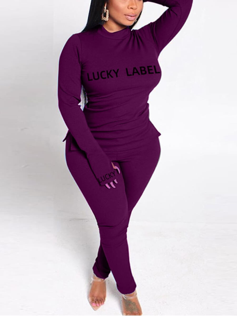 

Lovely Casual Turtleneck Letter Print Purple Two Piece Pants Set