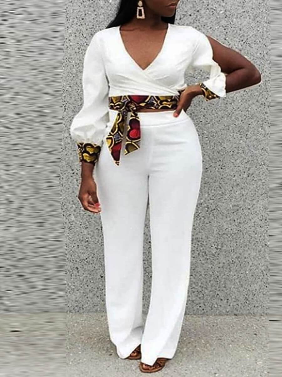 

Lovely Sexy V Neck Hollow-out White Two Piece Pants Set