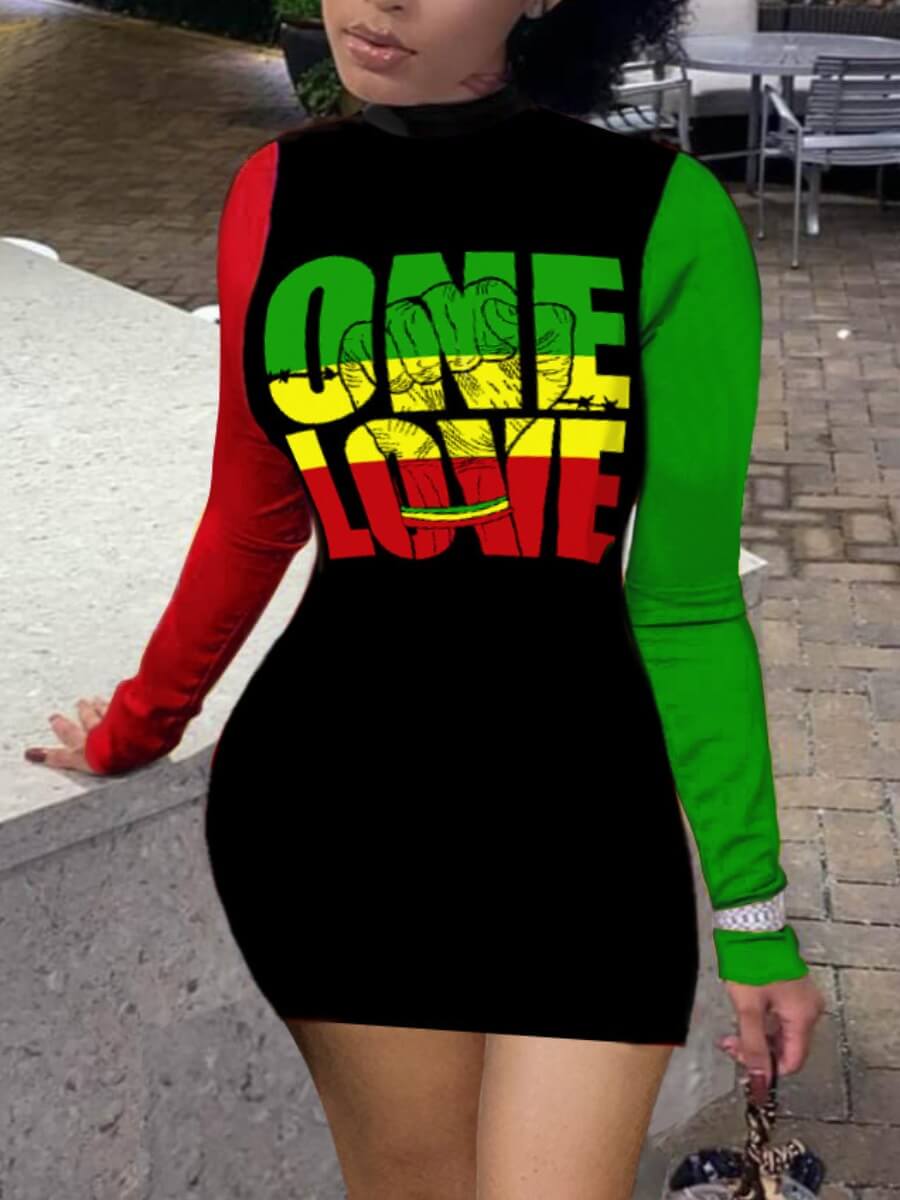

Lovely Street Letter Print Color-lump Patchwork Black Mini Dress