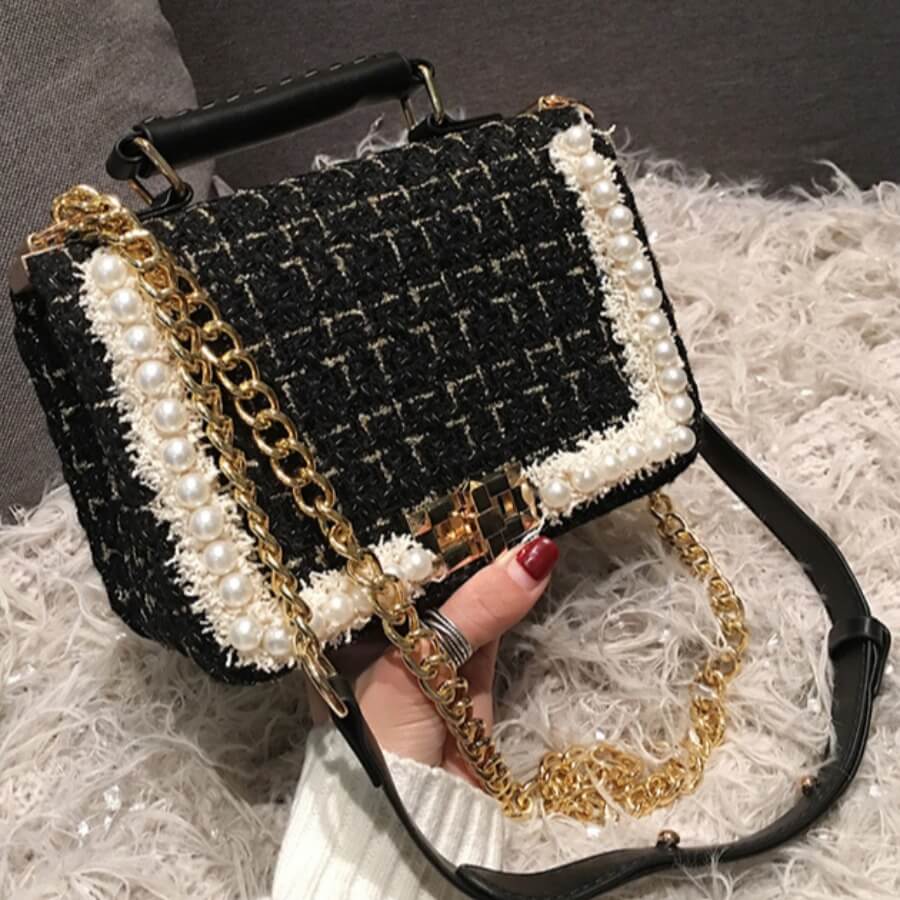 

Lovely Chic Pearl Decoration Chain Strap Black Crossbody Bag