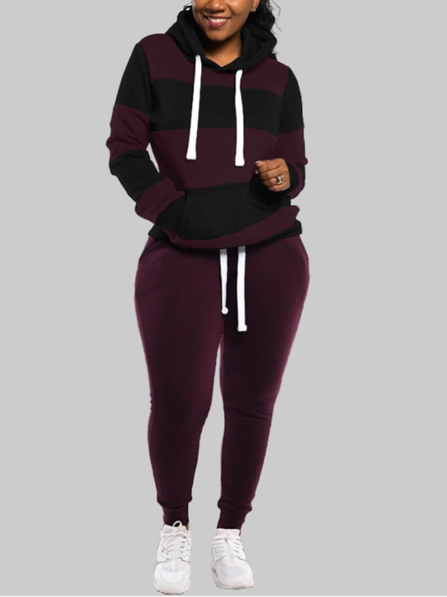 

Lovely Casual Hooded Collar Striped Patchwork Wine Red Plus Size Two-piece Pants Set