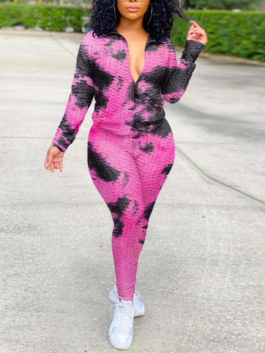 

Lovely Trendy Tie Dye Zipper Design Pink Two Piece Pants Set