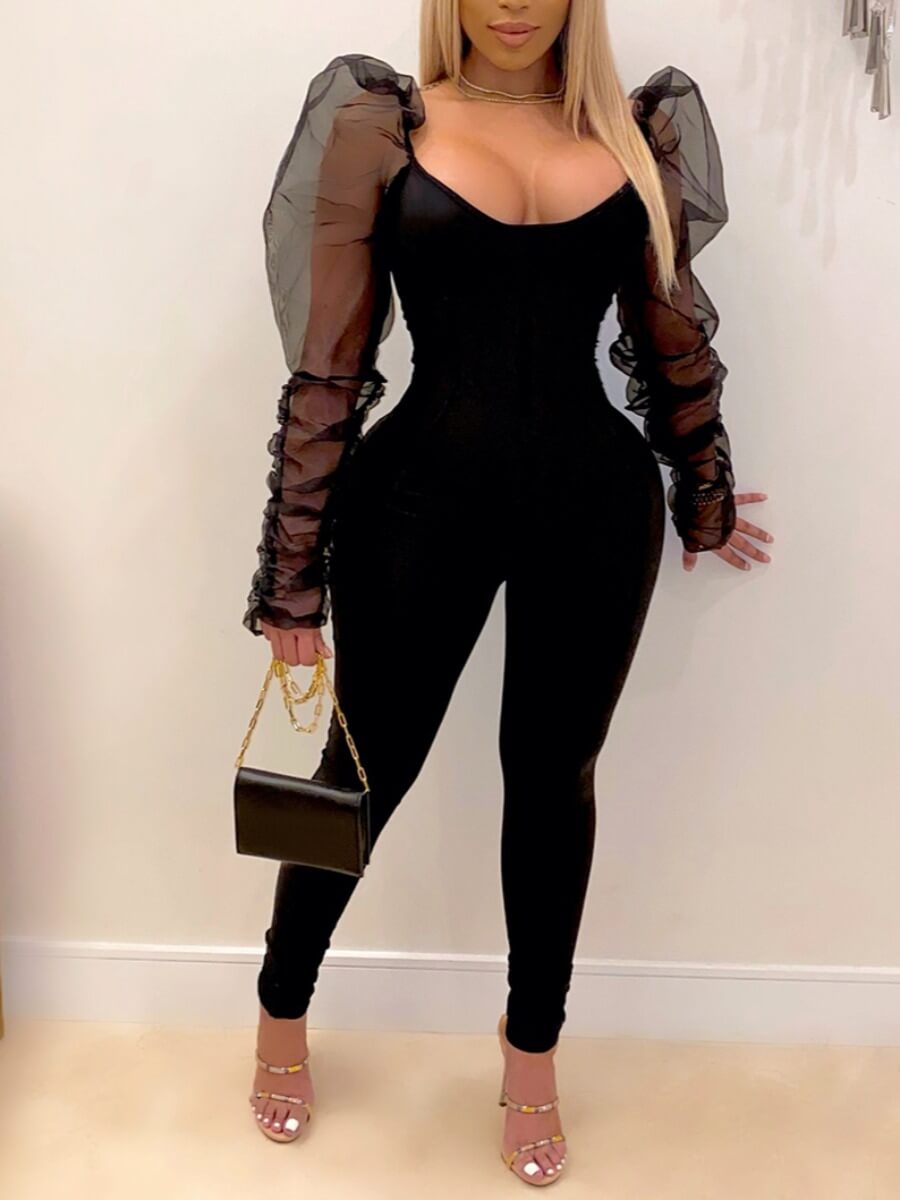 

LW Sexy See-through Ruffle Design Patchwork Black One-piece Jumpsuit