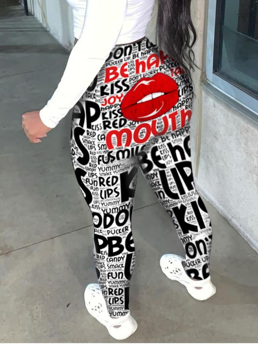 

LW BASICS Red Lip Serie Casual Lip Letter Print Black Pants