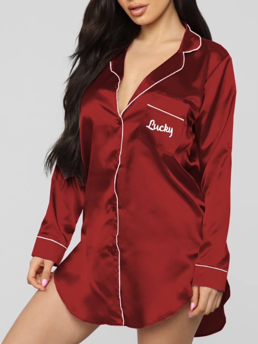 

Lovely Home Style Letter Print Button Design Wine Red Sleepwear