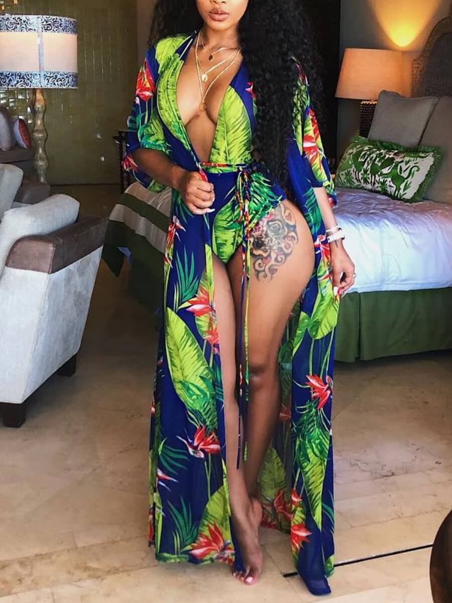 

Lovely Sweet Floral Print Patchwork Blue One-piece Swimsuit(With Veil)