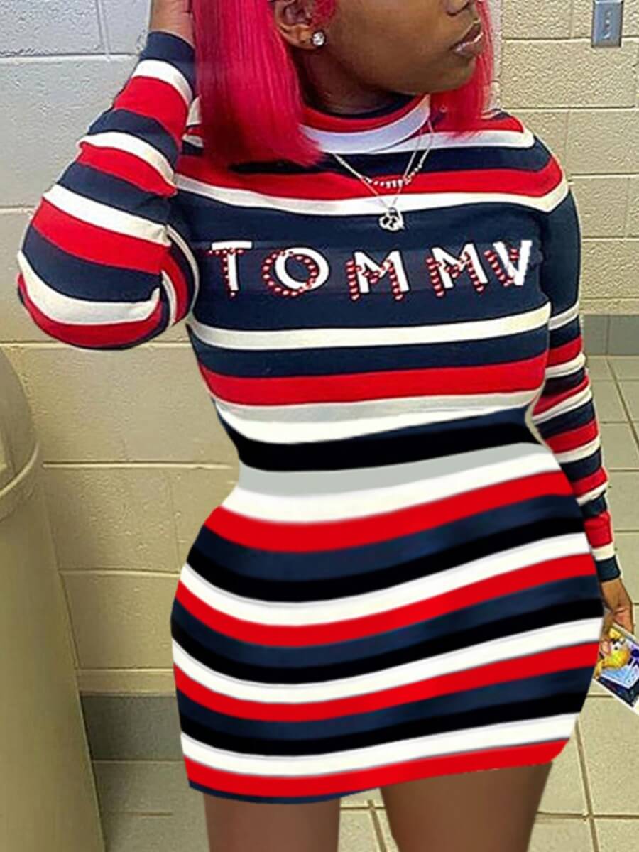 

Lovely Trendy Letter Print Striped Red Mini Plus Size Dress