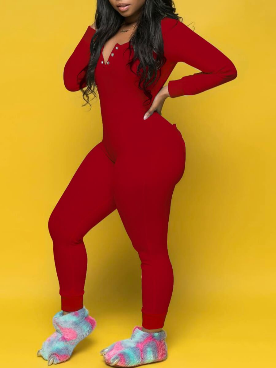 

Lovely Home Style Button Design Skinny Red Sleepwear