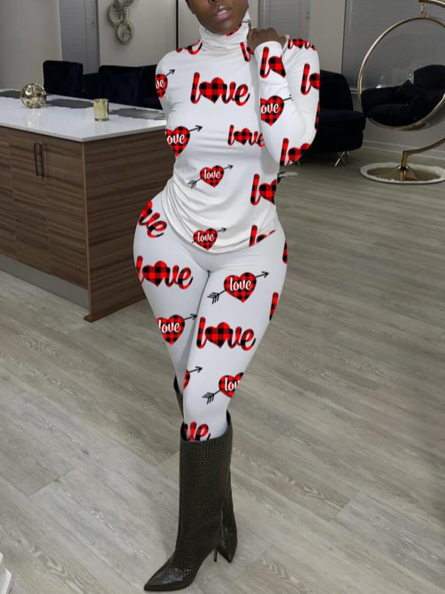 

Lovely Chic Turtleneck Letter Print Patchwork White Two Piece Pants Set
