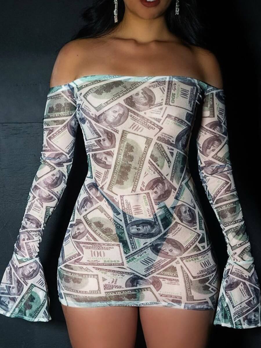 

Lovely Party Flared Off The Shoulder Money Print Black Mini Dress