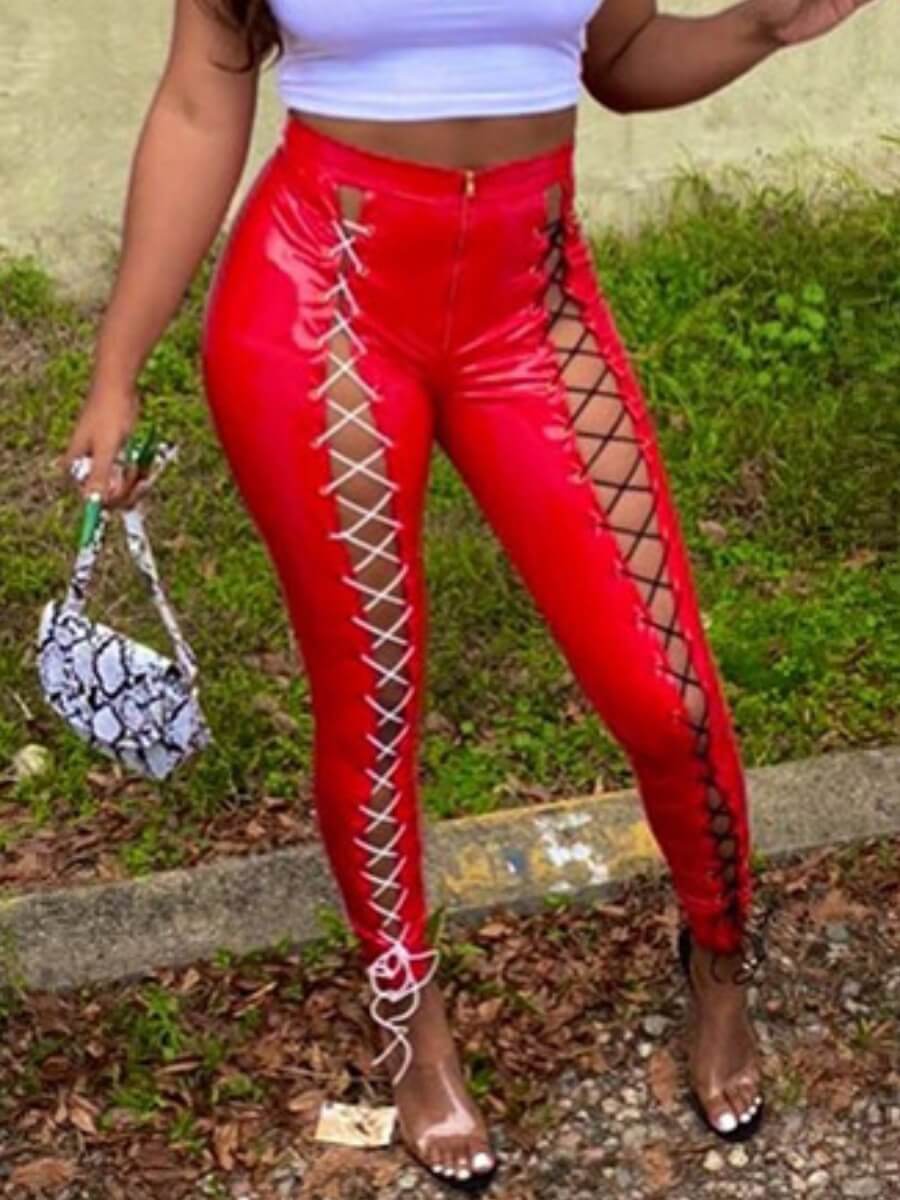 

Lovely Street Bandage Hollow-out Design Red Pants