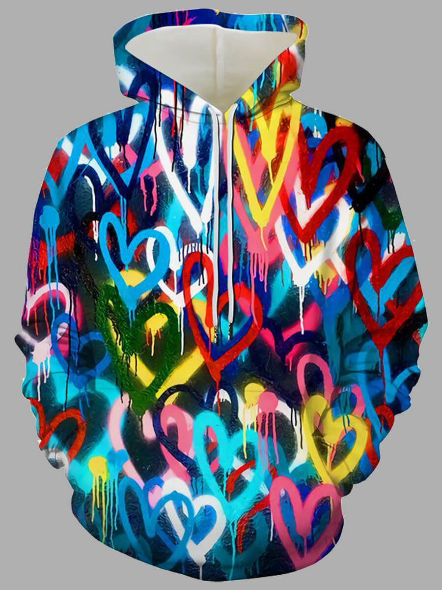 

Lovely Street Heart-shaped Graffiti Print Multicolor Men Hoodie, Multi