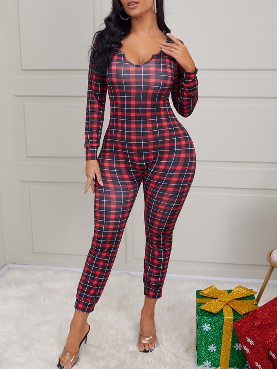 

Lovely Trendy Christmas Day Plaid Print Red One-piece Jumpsuit