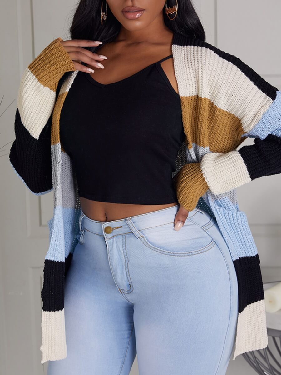 

Lovely Casual Striped Pocket Design Khaki Cardigan