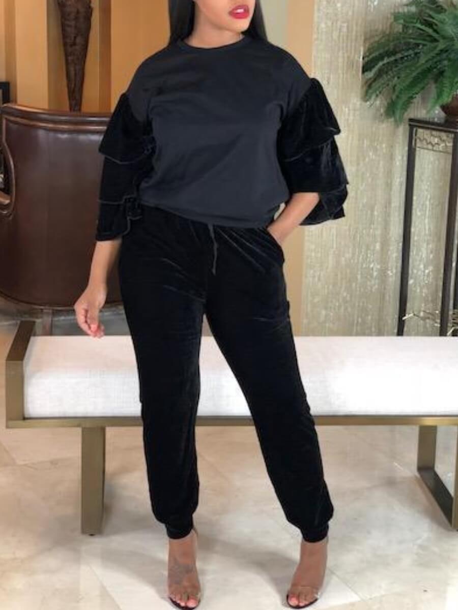

Lovely Sweet O Neck Layered Cascading Black Two Piece Pants Set