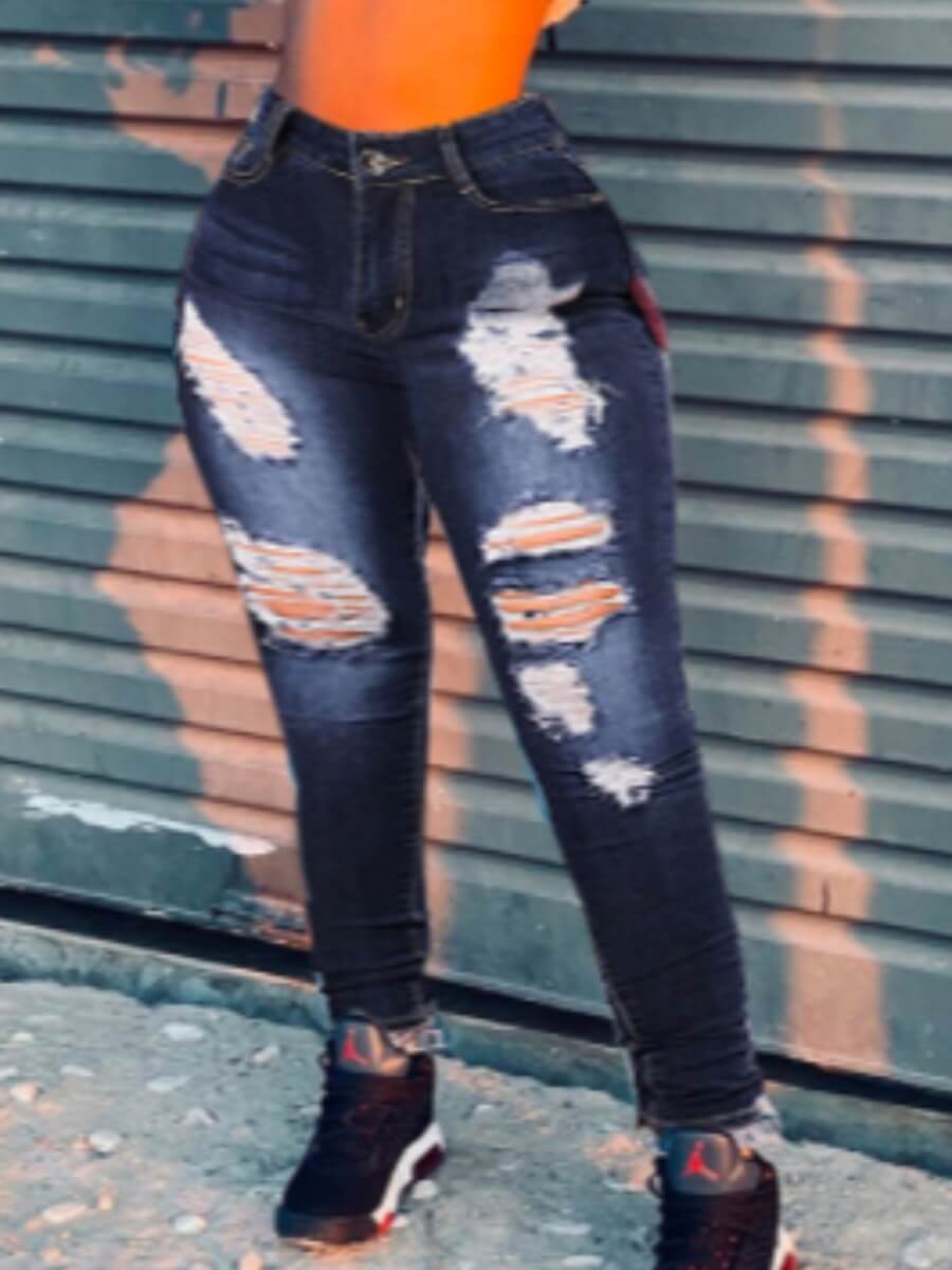 

Lovely Street High-waisted Broken Holes Blue Jeans