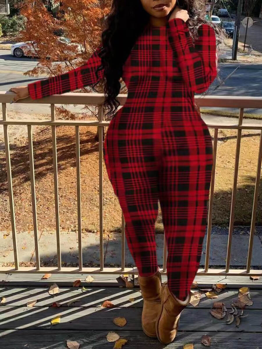 

Lovely Trendy Christmas Day Plaid Print Red Plus Size One-piece Jumpsuit