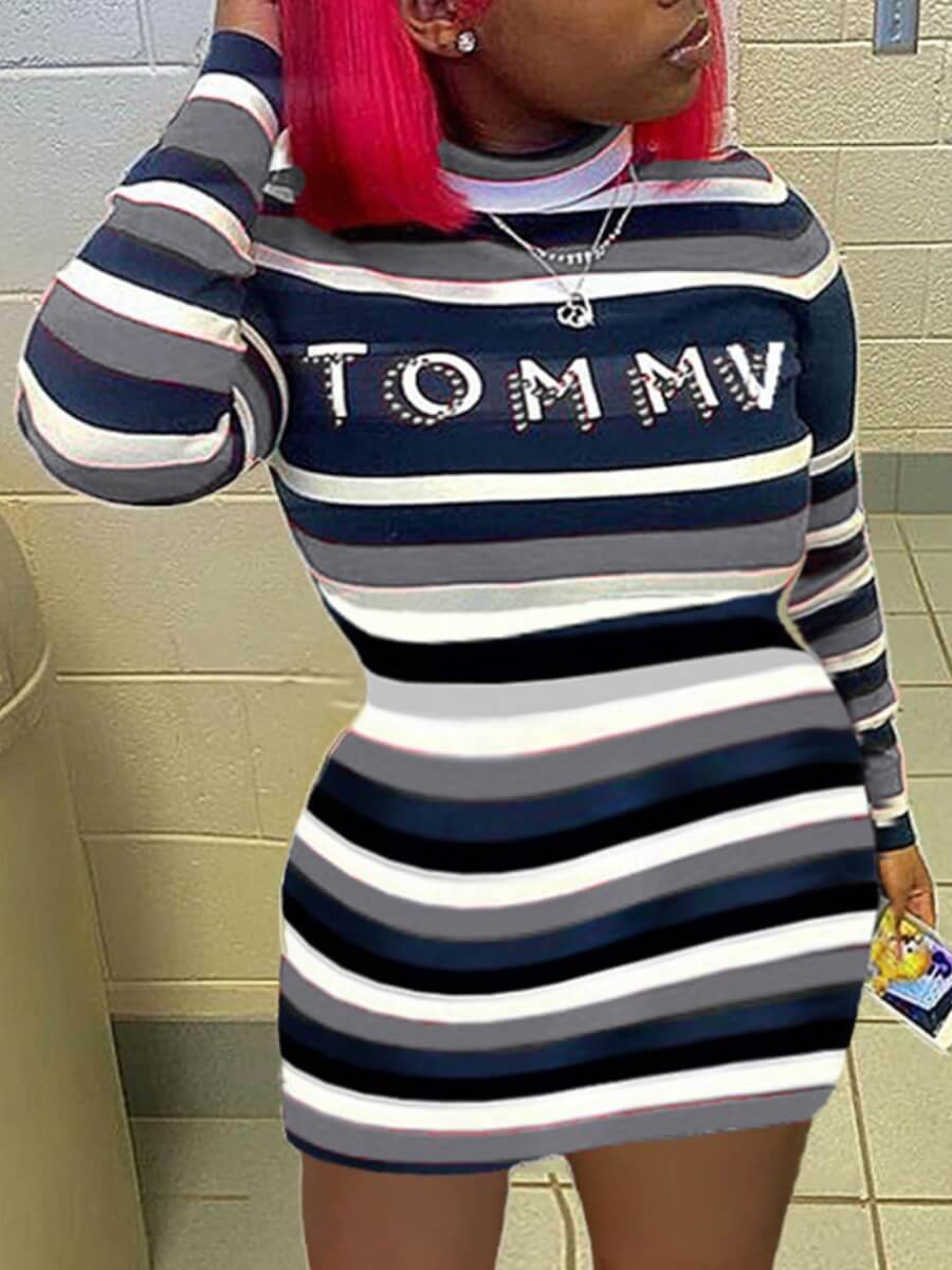 

Lovely Trendy Letter Print Striped Grey Mini Plus Size Dress