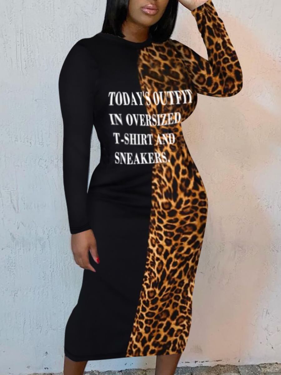 

Lovely Casual Letter Leopard Print Black Mid Calf Dress