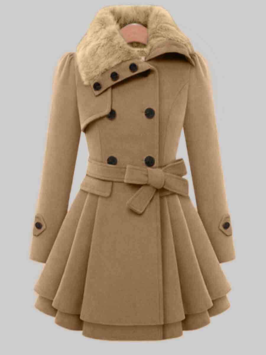 

Lovely Trendy Button Fold Design Light Tan Woolen Coat