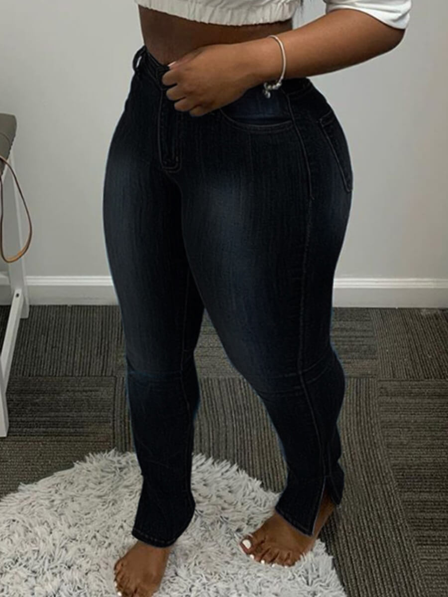 

Lovely Plus Size Trendy Mid Waist Side Slit Black Jeans
