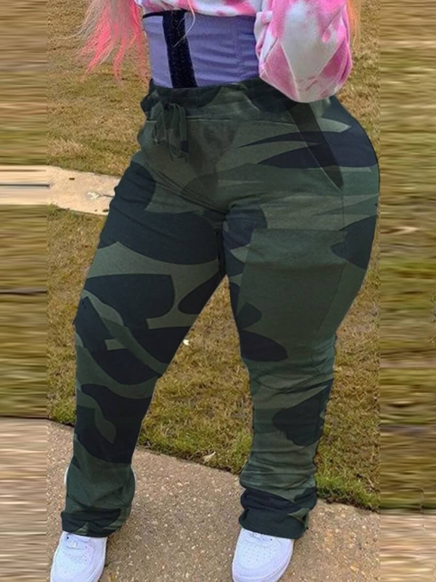 

Lovely Casual Camo Print Drawstring Green Plus Size Pants