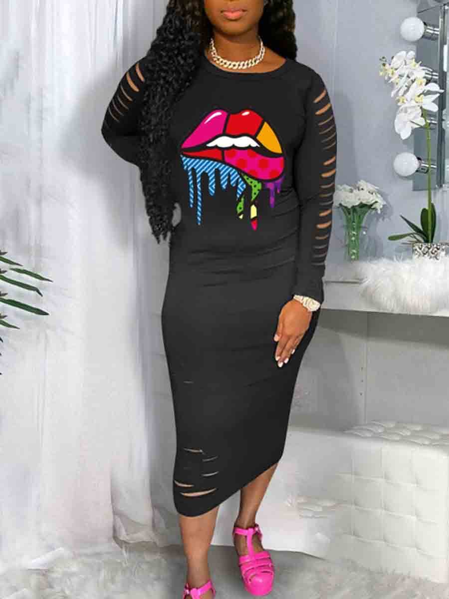 

Lovely Casual O Neck Lip Print Black Mid Calf Dress