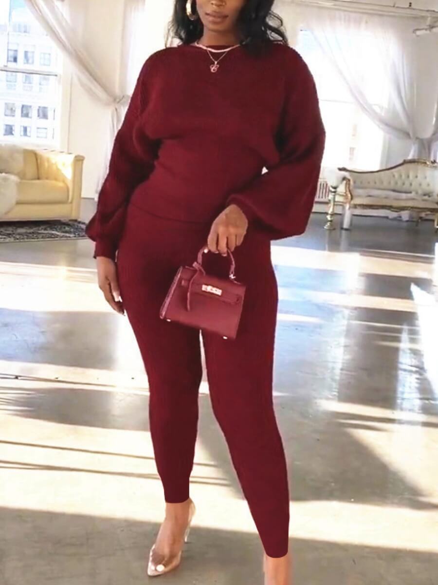 

Lovely Casual O Neck Batwing Sleeve Wine Red Plus Size Two-piece Pants Set