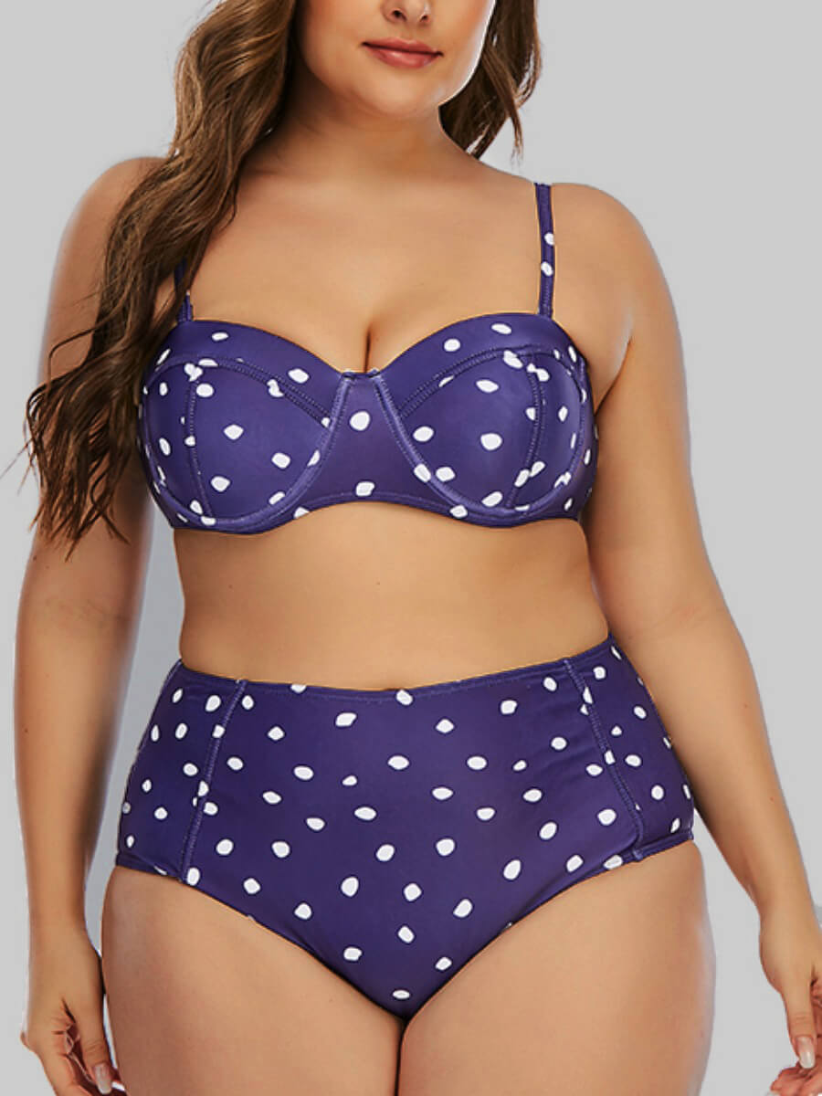 

Lovely Casual Dot Print Patchwork Blue Plus Size Two-piece Swimsuit