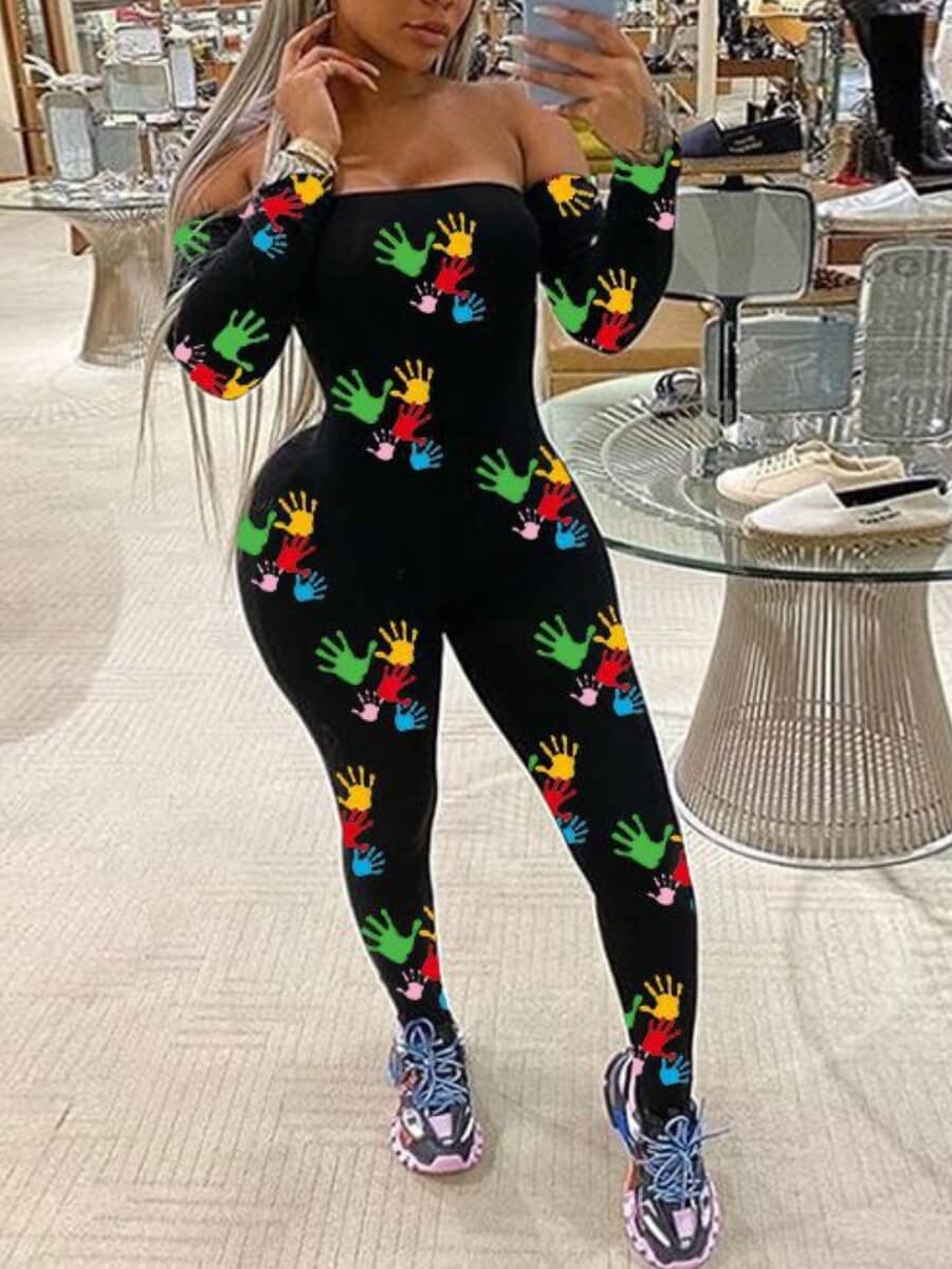 

Lovely Sexy Off The Shoulder Palm Print Patchwork Black One-piece Jumpsuit