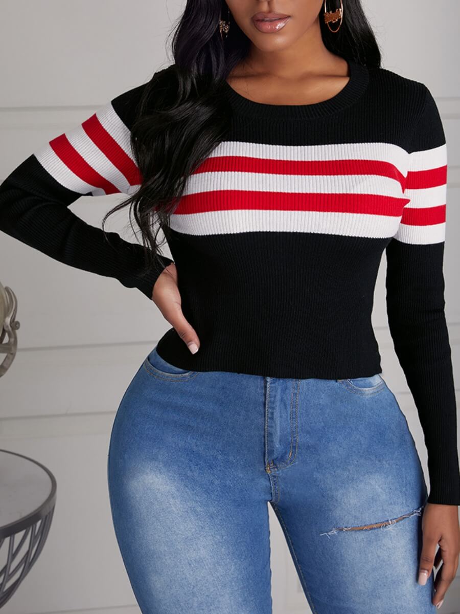 

Lovely Chic Striped Patchwork Black Sweater